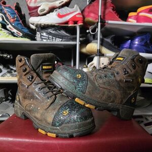 🔥 Wolverine Men's Size 11 Brown Leather Work Boots with Teal Paint Splatter